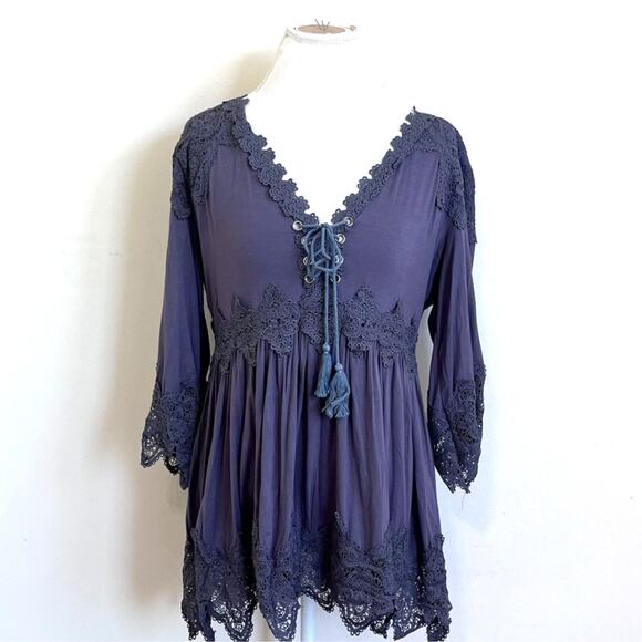 VTG Y2K Whimsigoth Asymmetric Women Top Size L Gray Babydoll Fairy Boho Hippie - Picture 1 of 11